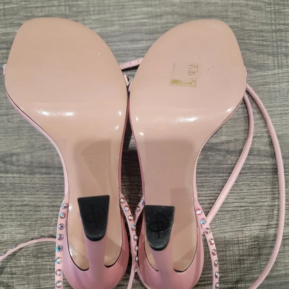 Piferi Satin Vegan Leather Ankle Wrap Stylish Pink Rhinestone Heels Size 37 Or 7 - Picture 7 of 14